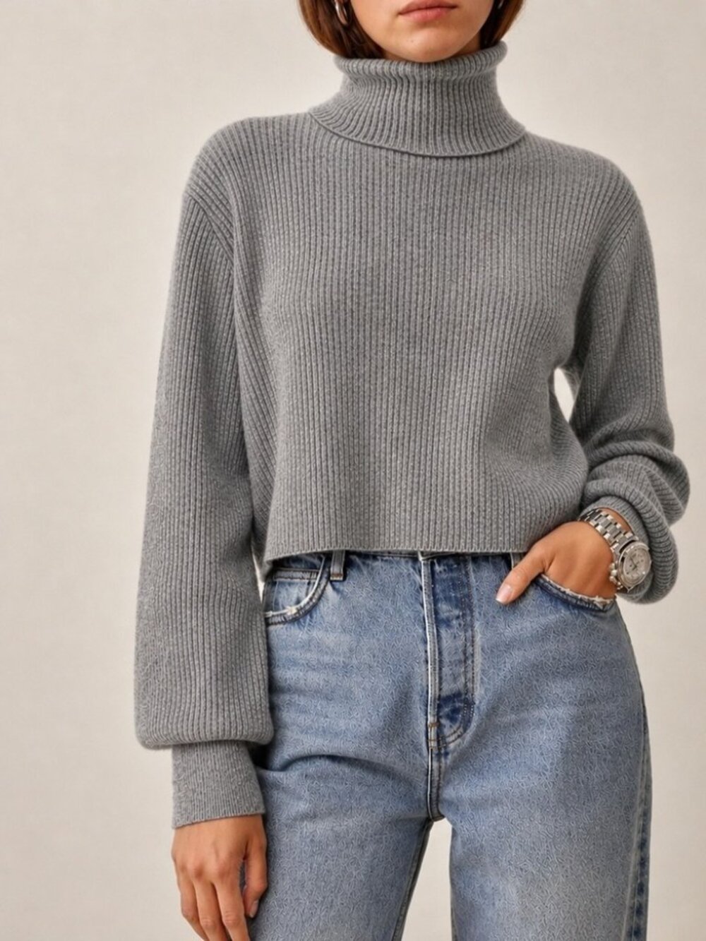Reformation Luisa Gray 100% Cashmere Wool Cropped Turtleneck Sweater Long SLV S